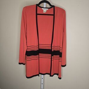 Exclusively Misook Long Sleeve Cardigan Size S Red Black Stripe Open Front